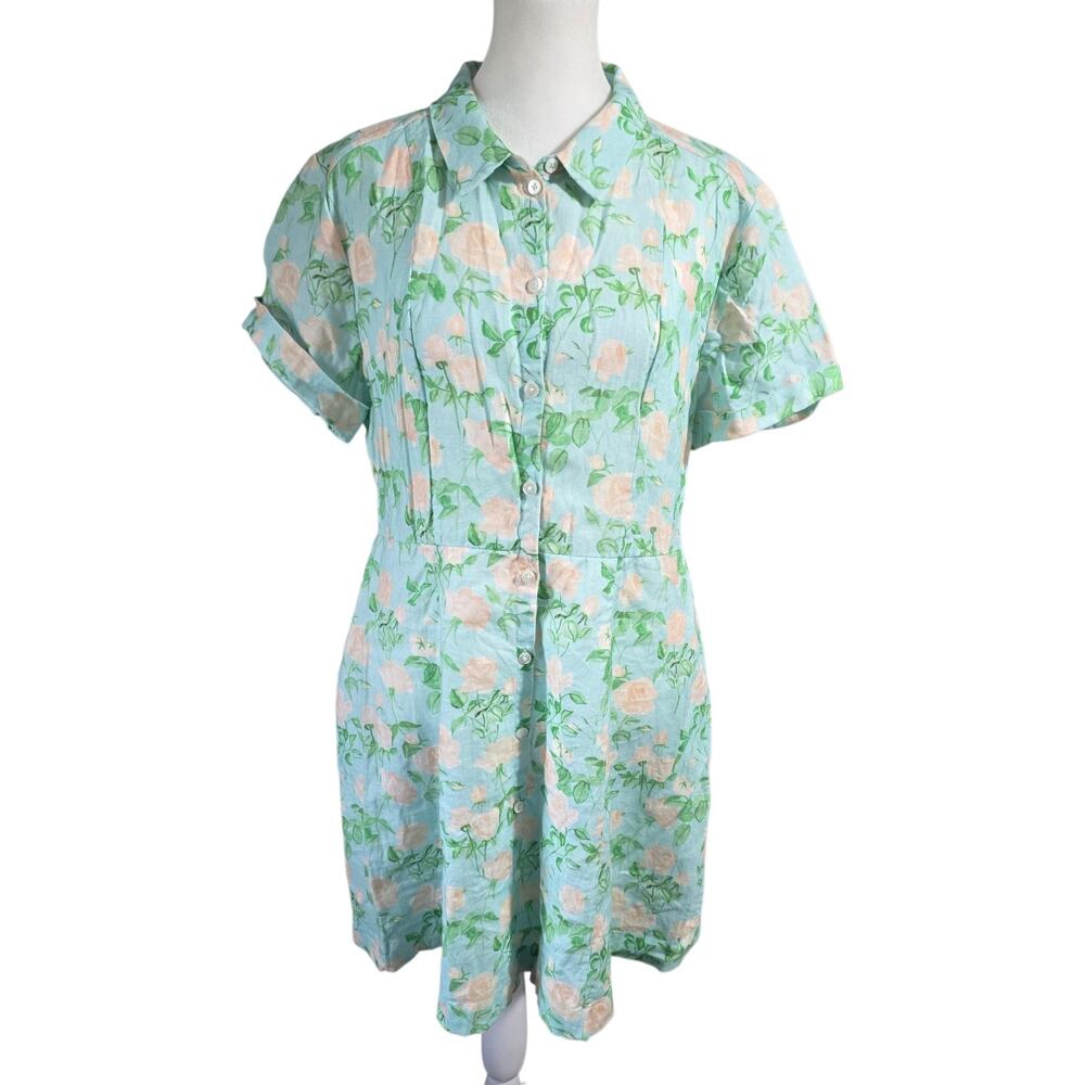 Hill House Blue Roses Linen Laura Dress Size Medium Button Front